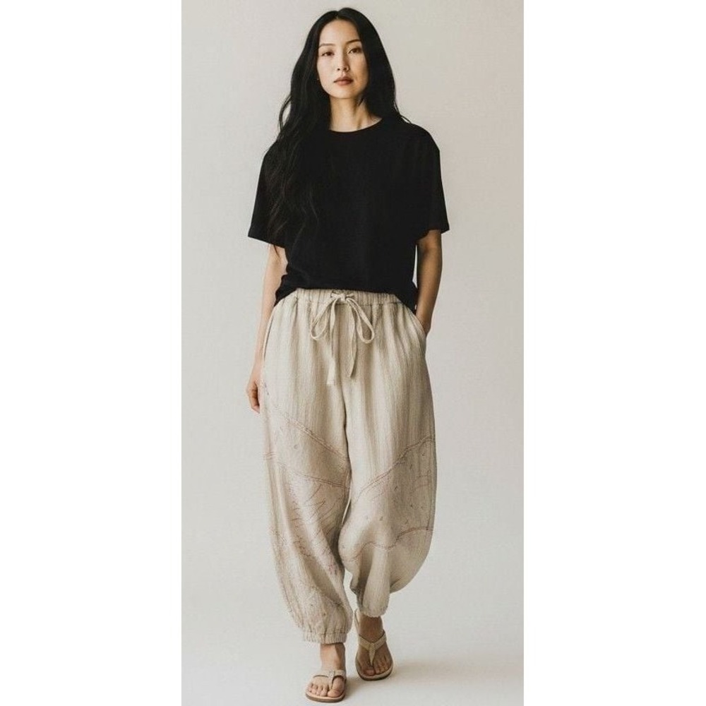 POL Style UWP110 Cream 100% Cotton Textured Embroidered Lantern Pants Size S
